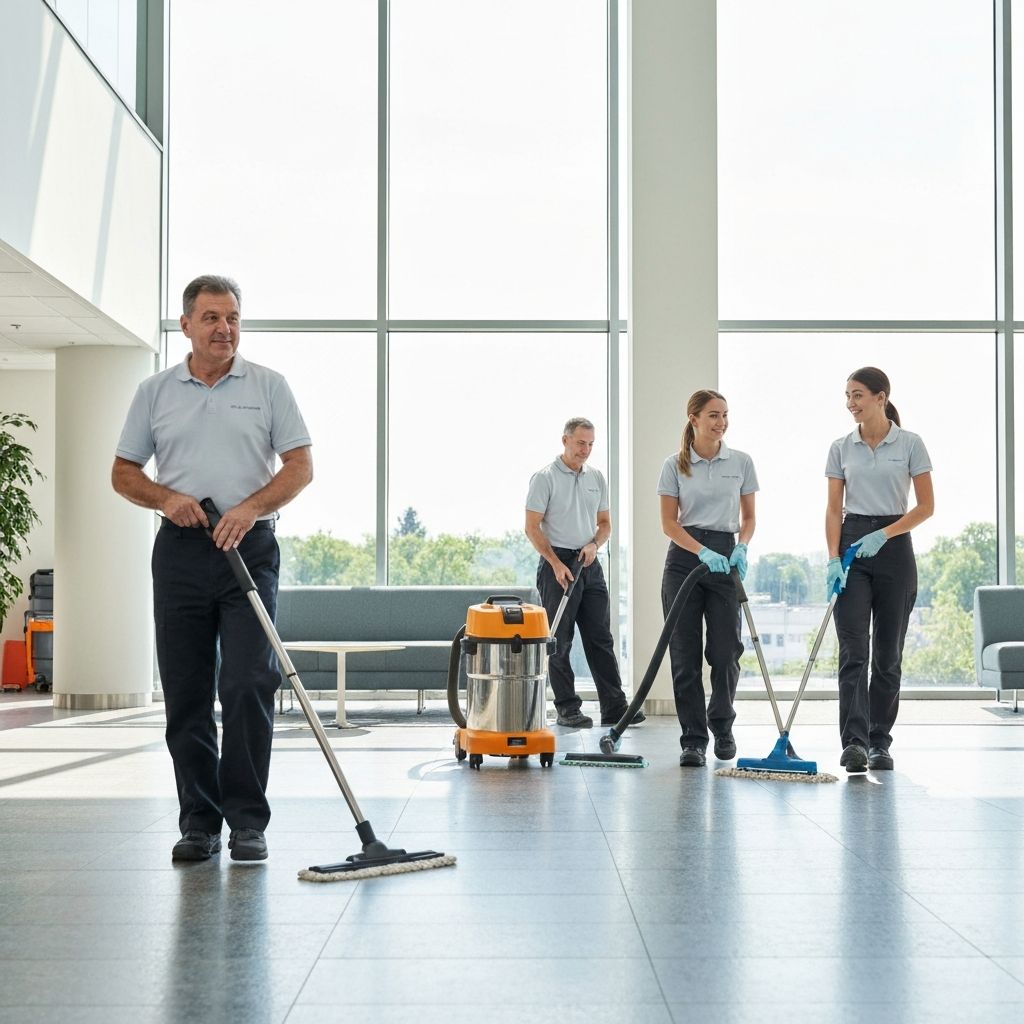 Professional commercial cleaning team at work